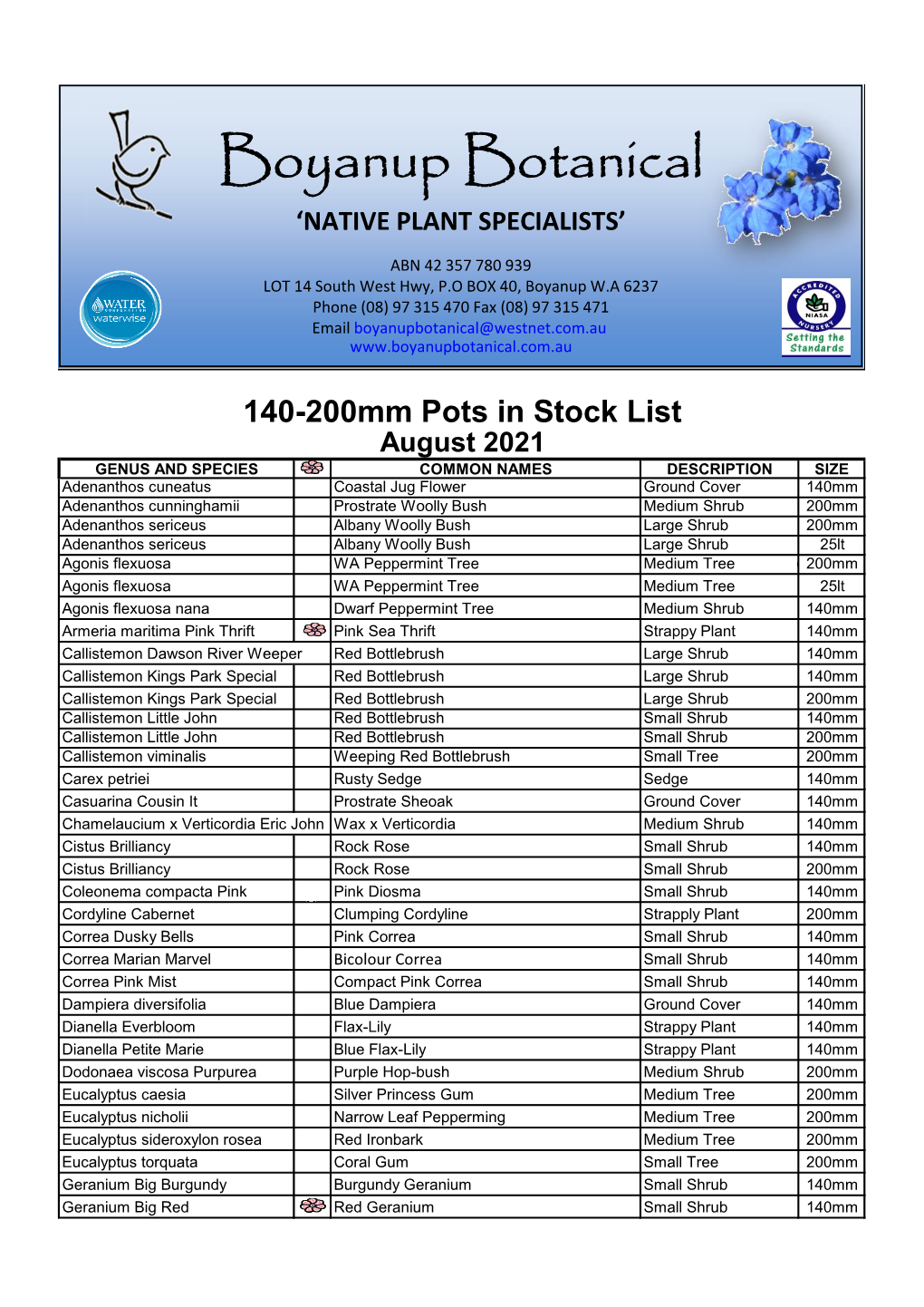 140Mm-200Mm Pots in Stock List August 2021