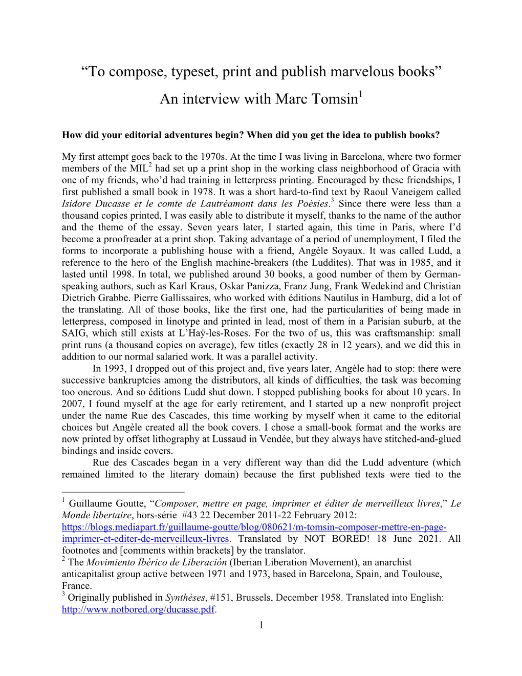 An Interview with Marc Tomsin