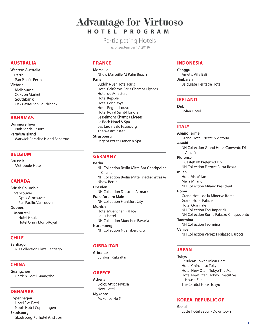 Participating Hotels (As of September 17, 2019)