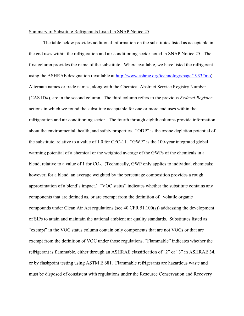 Summary of Substitute Refrigerants Listed in SNAP Notice 25