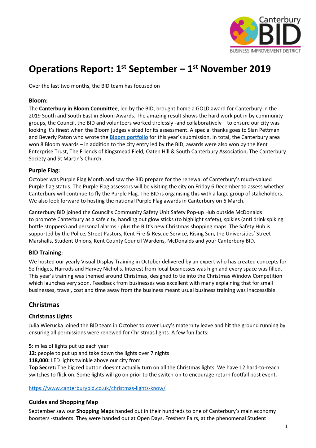 Operations Report: 1St September – 1St November 2019