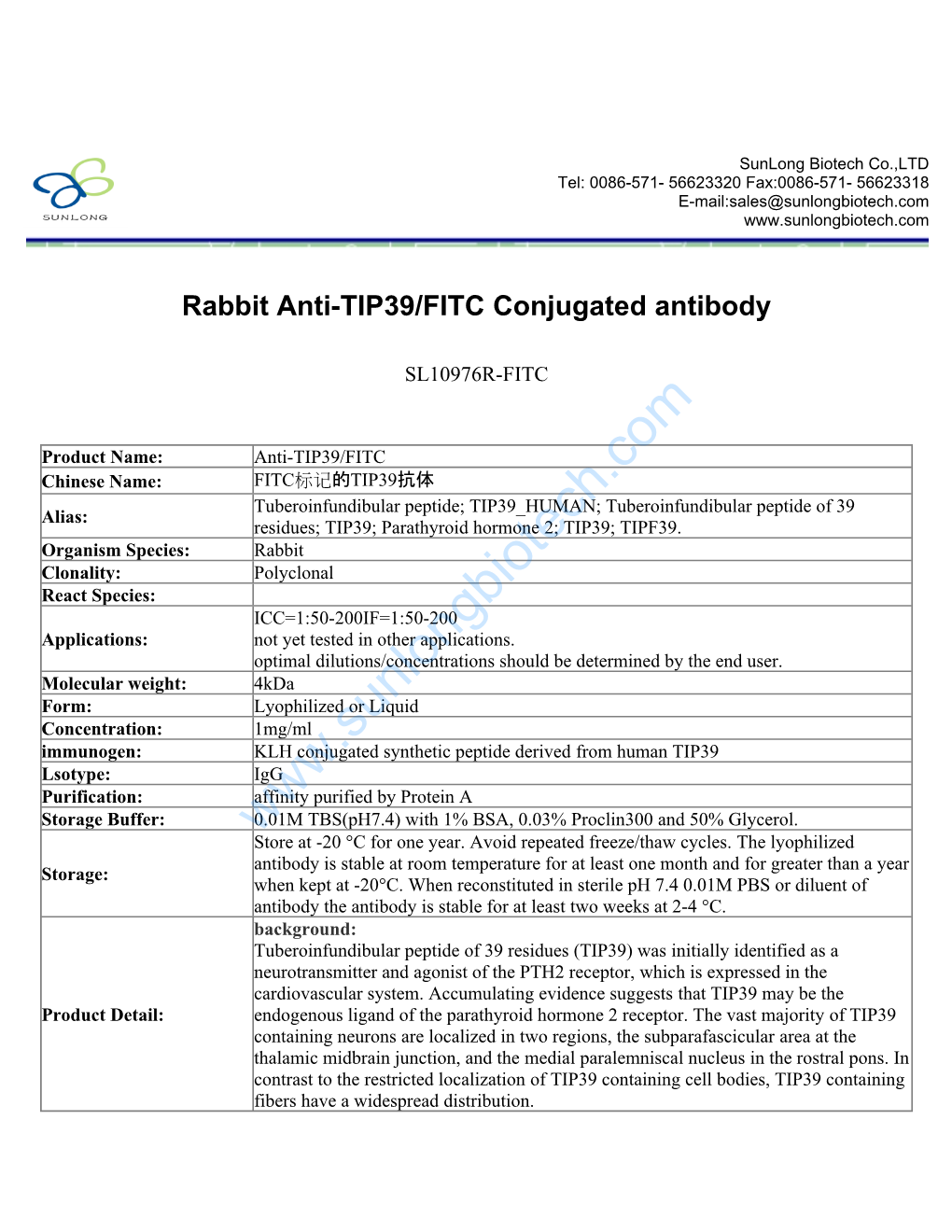 Rabbit Anti-TIP39/FITC Conjugated Antibody-SL10976R-FITC