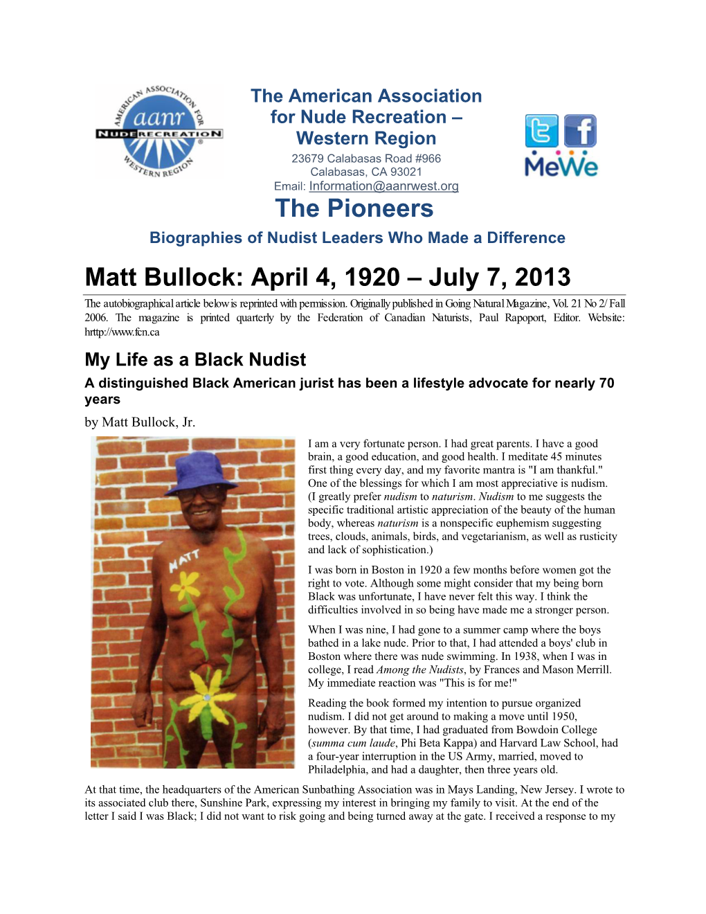 Matt Bullock: April 4, 1920 – July 7, 2013 the Autobiographical Article Below Is Reprinted with Permission