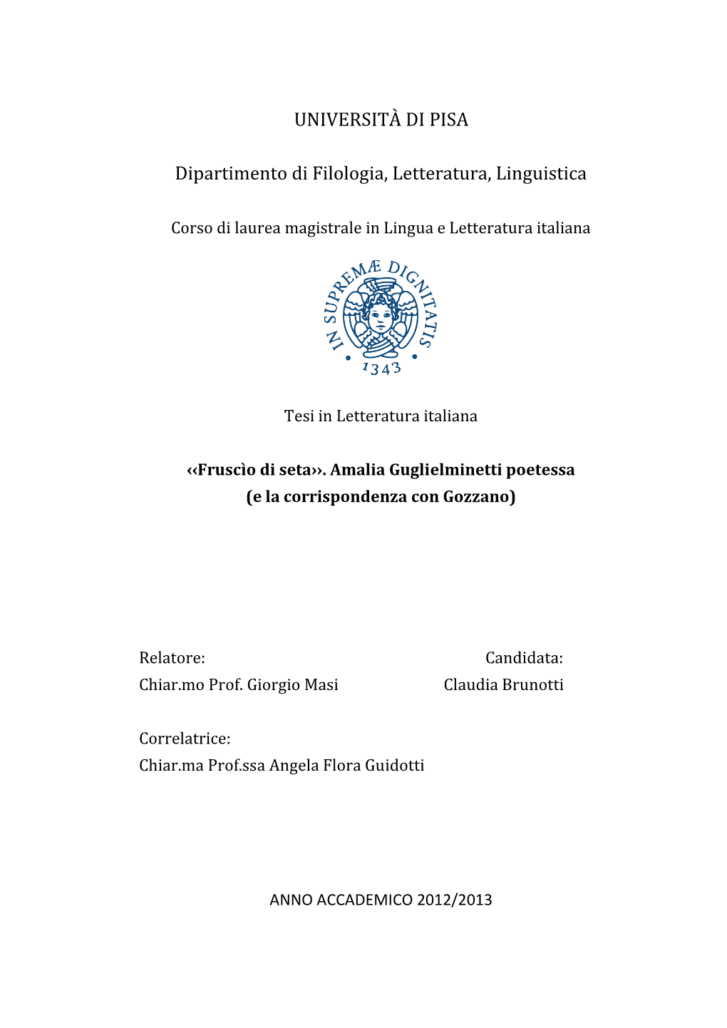 UNIVERSITÀ DI PISA Dipartimento Di Filologia, Letteratura, Linguistica