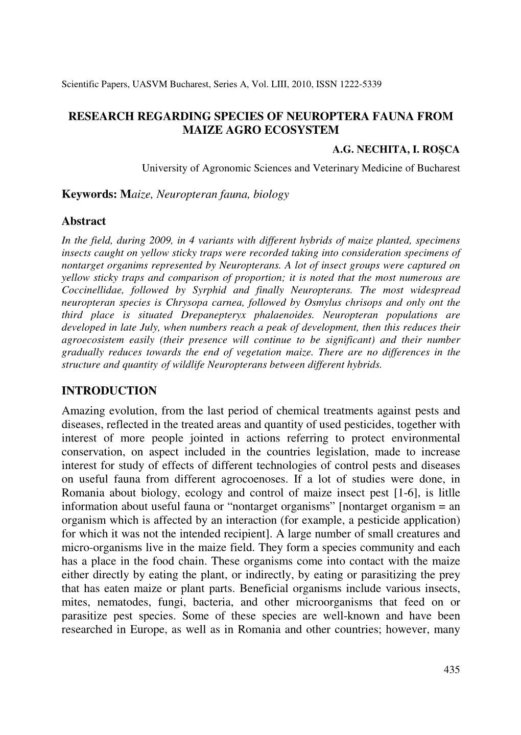 Research Regarding Species of Neuroptera Fauna from Maize Agro Ecosystem A.G