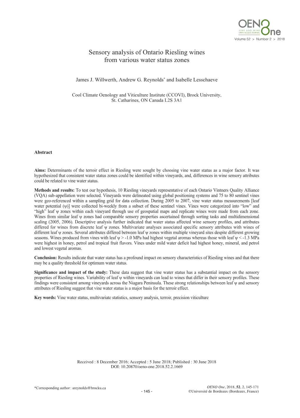 Sensory Analysis of Ontario Riesling Wines from Various Water Status Zones