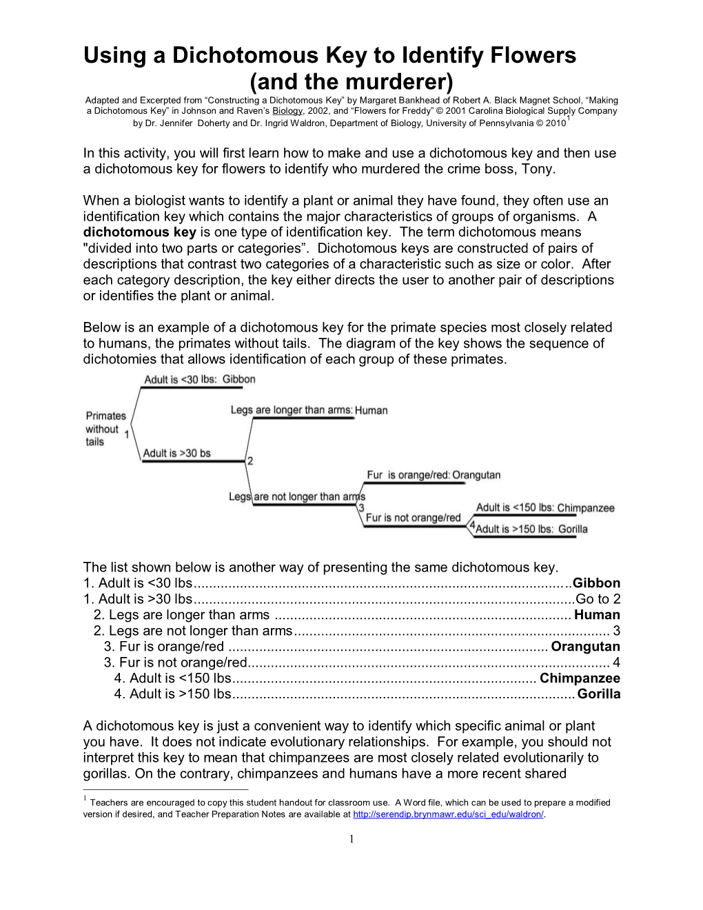 Using a Dichotomous Key to Identify Flowers (And the Murderer) Adapted and Excerpted from “Constructing a Dichotomous Key” by Margaret Bankhead of Robert A