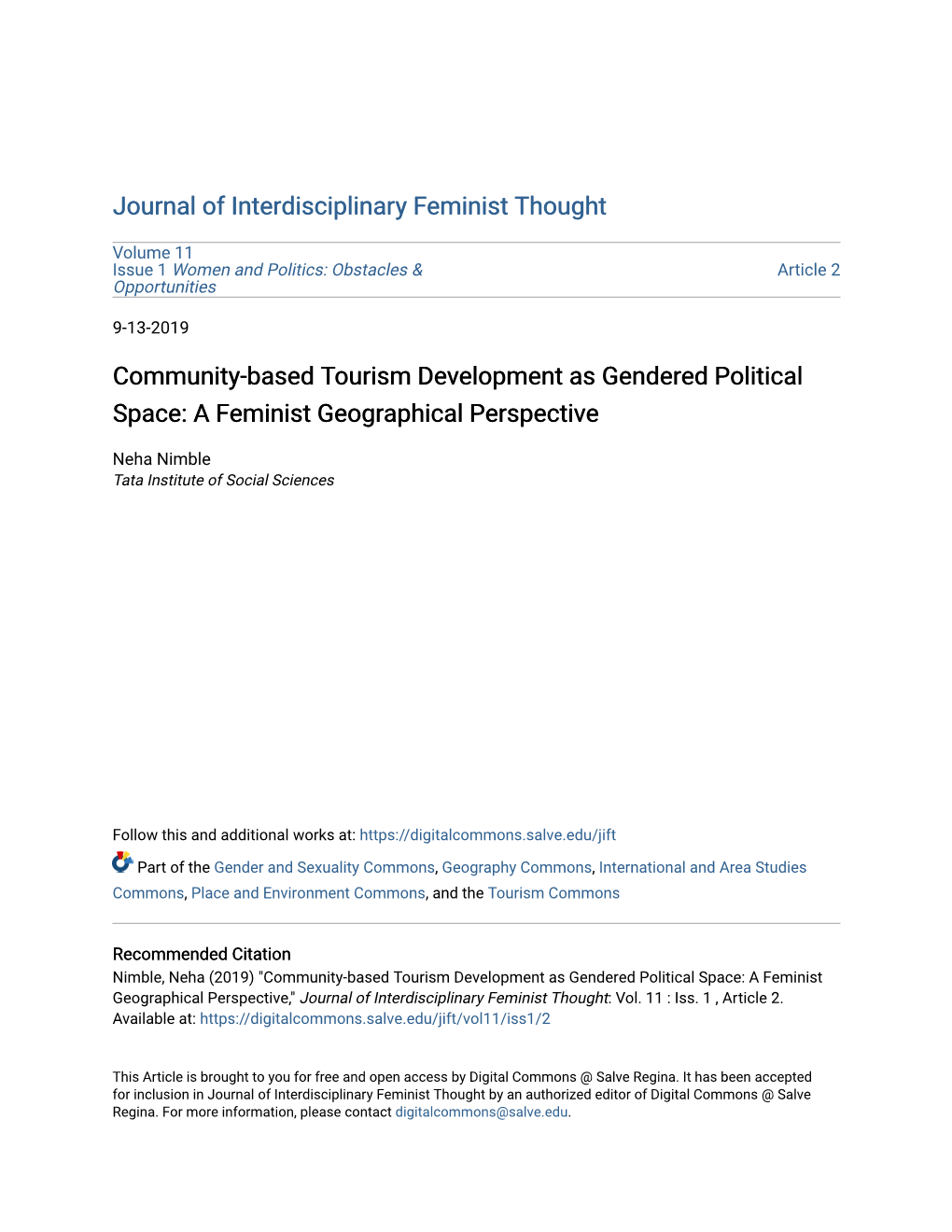 Community-Based Tourism Development As Gendered Political Space: a Feminist Geographical Perspective