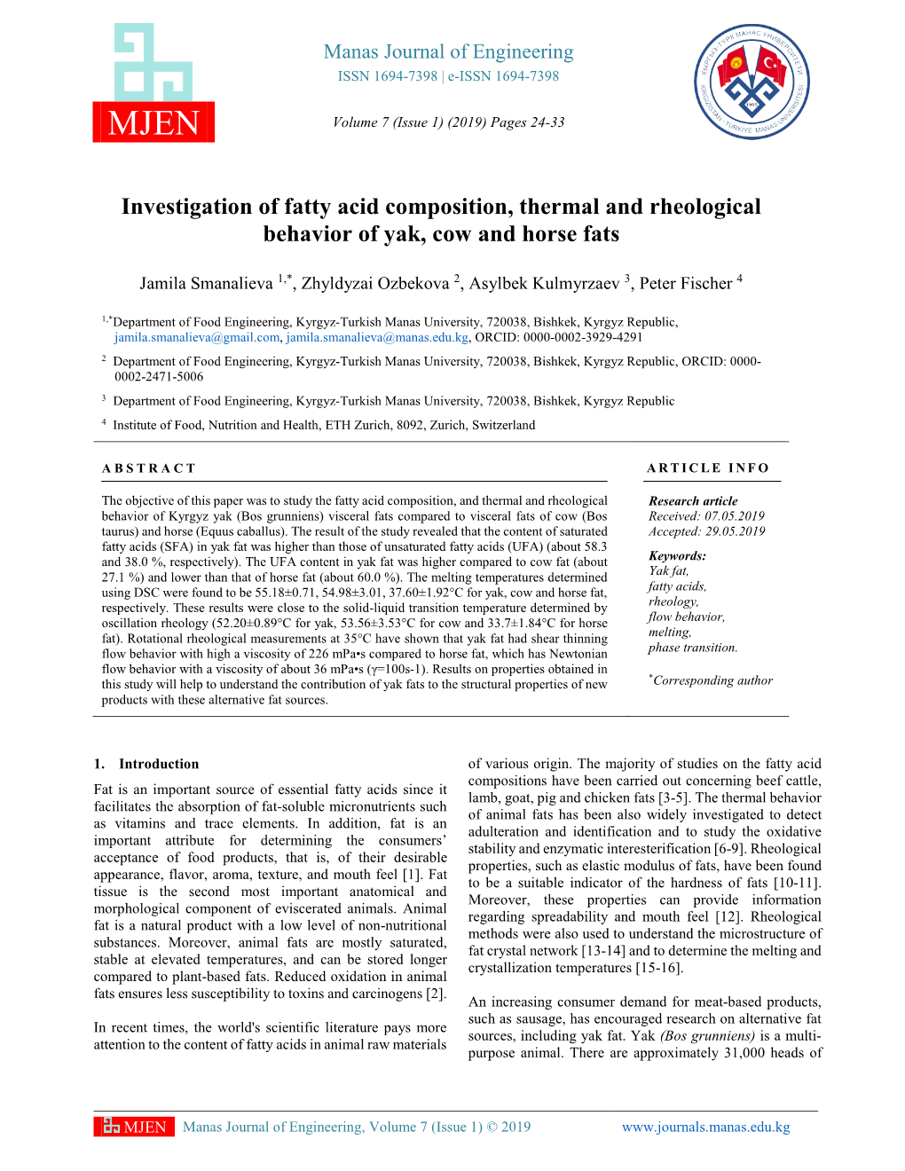 Investigation of Fatty Acid Composition, Thermal and Rheological Behavior of Yak, Cow and Horse Fats