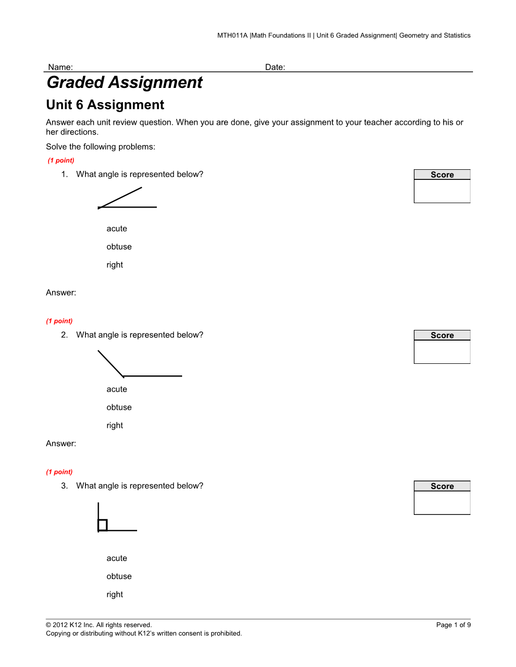 MTH011A Math Foundations II Unit 6 Graded Assignment Geometry and Statistics