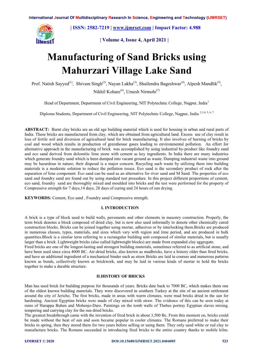 Manufacturing of Sand Bricks Using Mahurzari Village Lake Sand