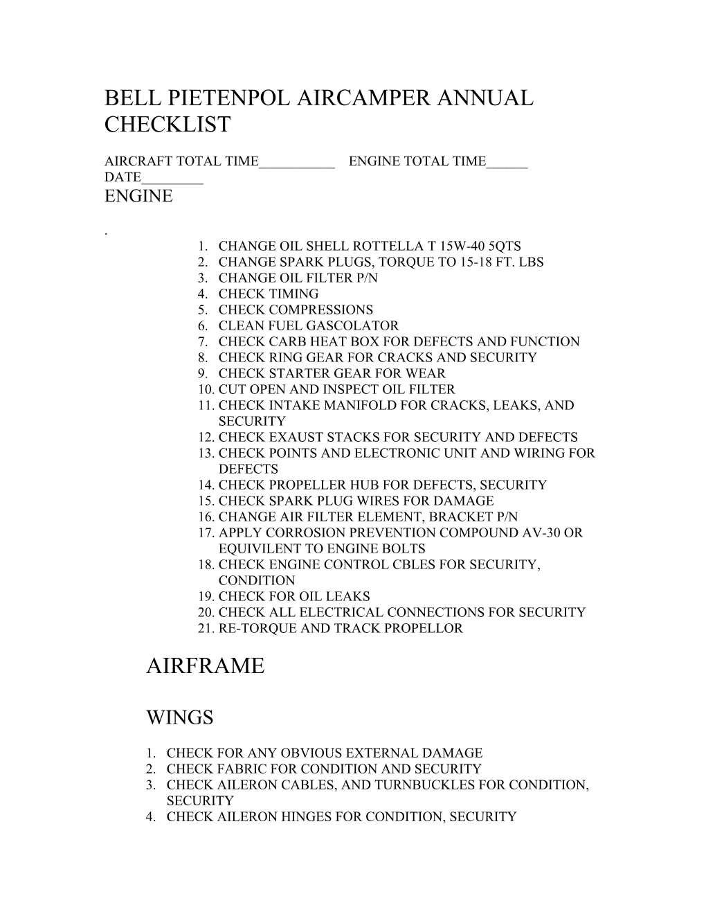 Bell Pietenpol Aircamper Annual Checklist