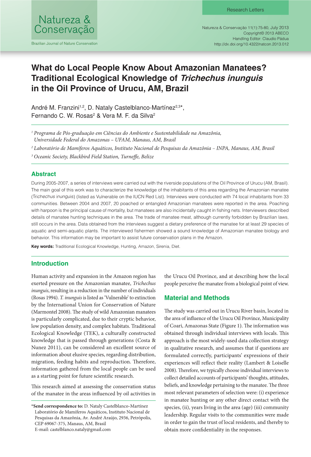 What Do Local People Know About Amazonian Manatees? Traditional Ecological Knowledge of Trichechus Inunguis in the Oil Province of Urucu, AM, Brazil