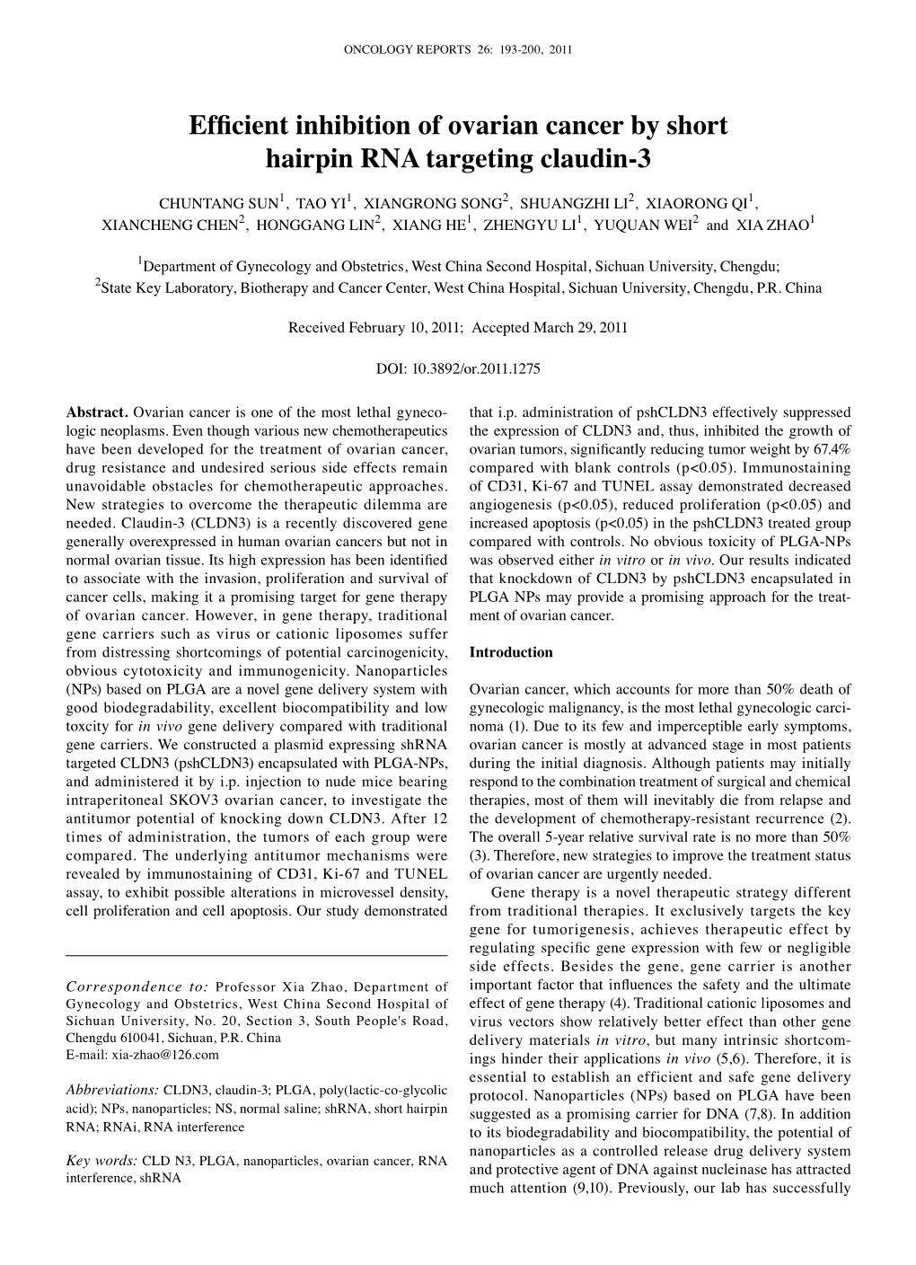 Efficient Inhibition of Ovarian Cancer by Short Hairpin RNA Targeting Claudin-3