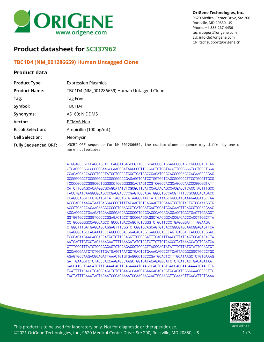TBC1D4 (NM 001286659) Human Untagged Clone Product Data