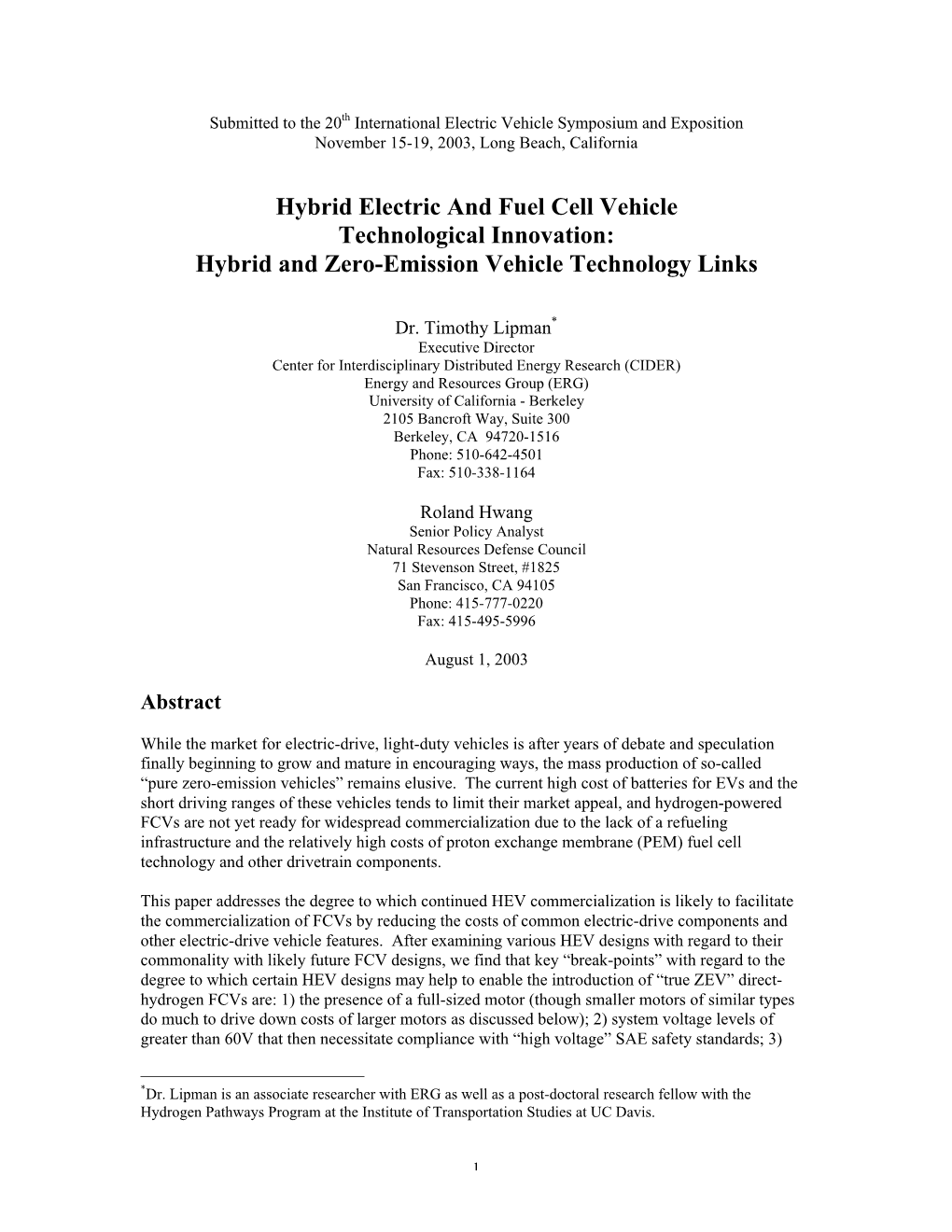 Hybrid Electric and Fuel Cell Vehicle Technological Innovation: Hybrid and Zero-Emission Vehicle Technology Links