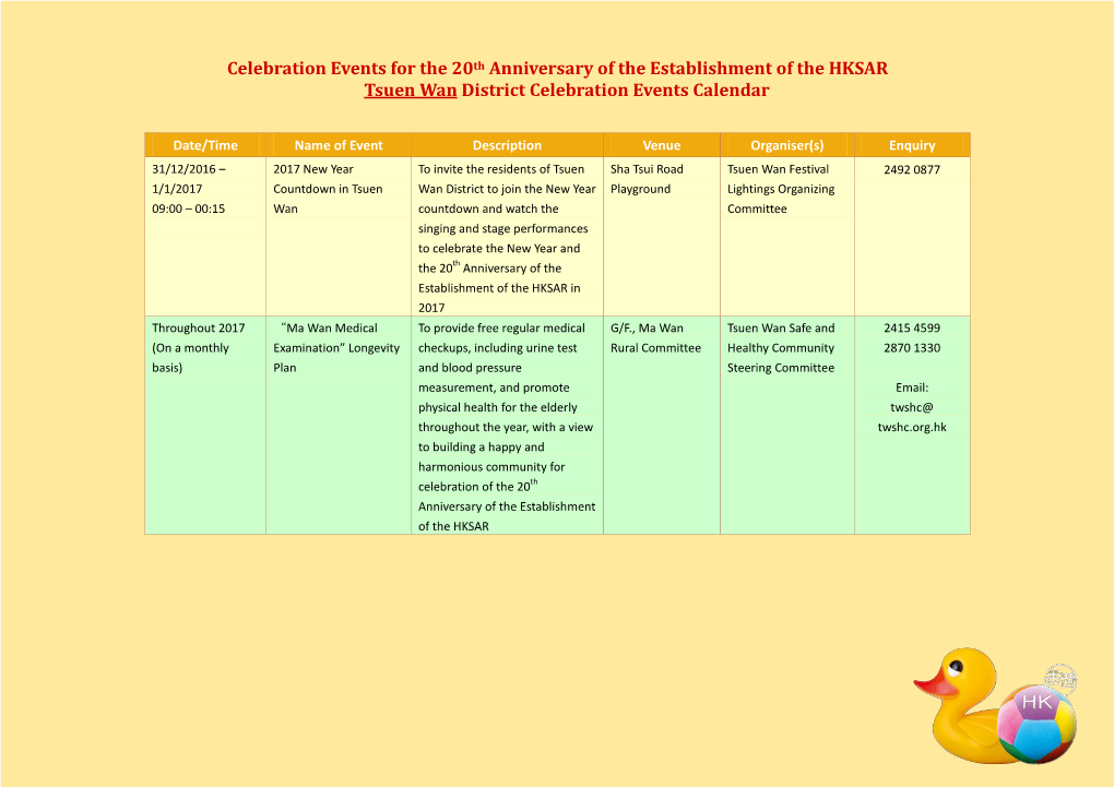 Celebration Events for the 20Th Anniversary of the Establishment of the HKSAR Tsuen Wan District Celebration Events Calendar