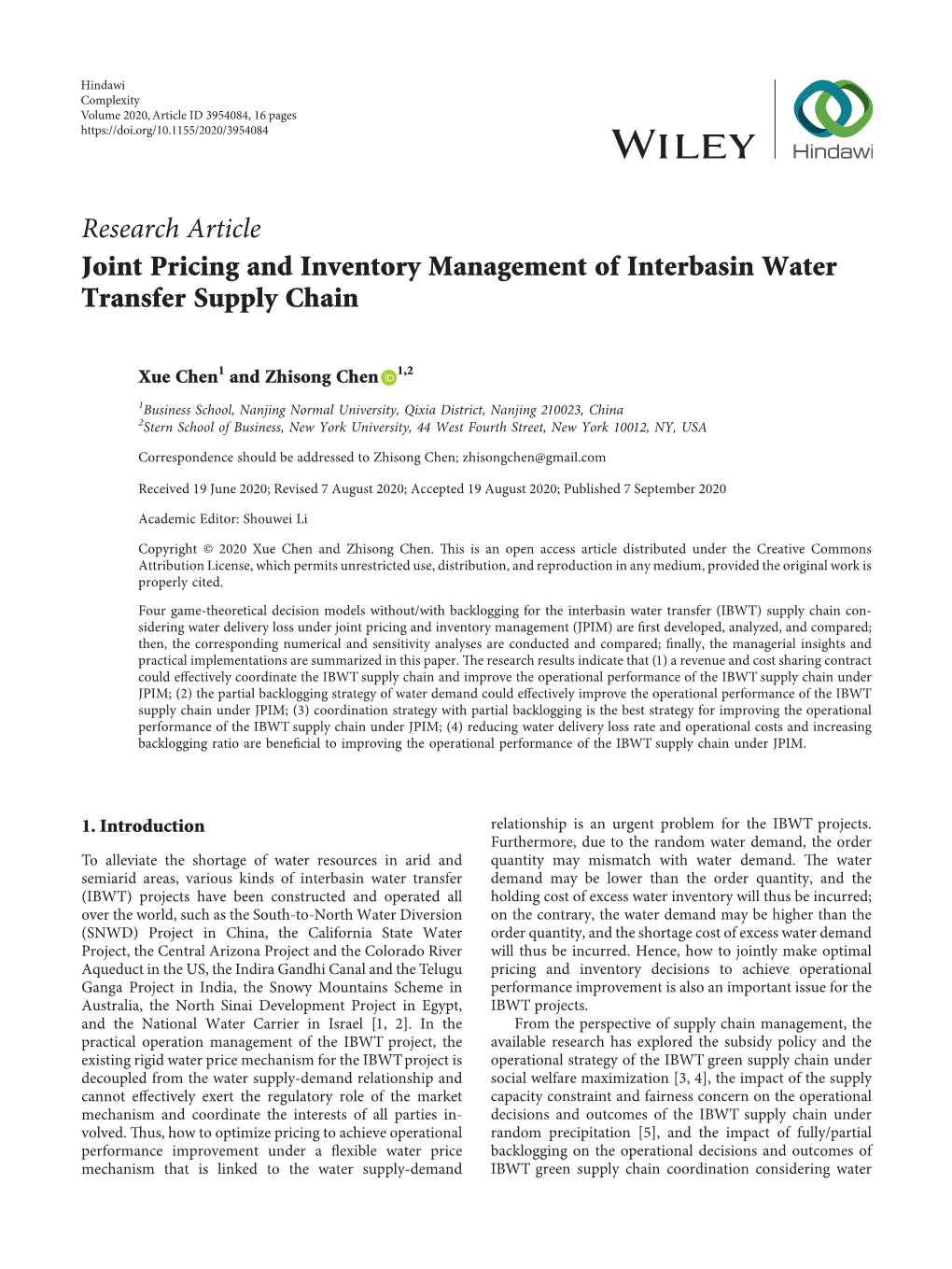 Research Article Joint Pricing and Inventory Management of Interbasin Water Transfer Supply Chain