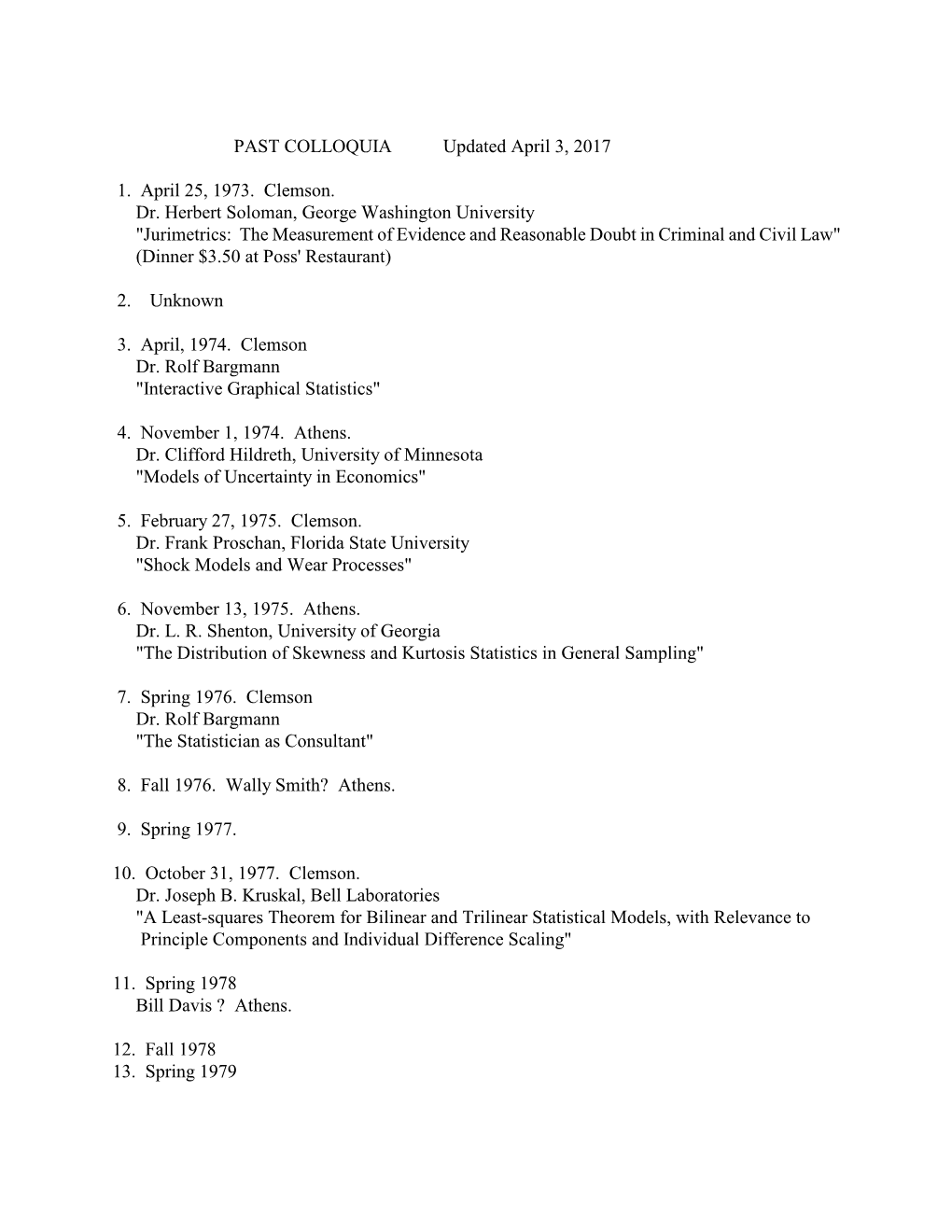 PAST COLLOQUIA Updated April 19, 2001