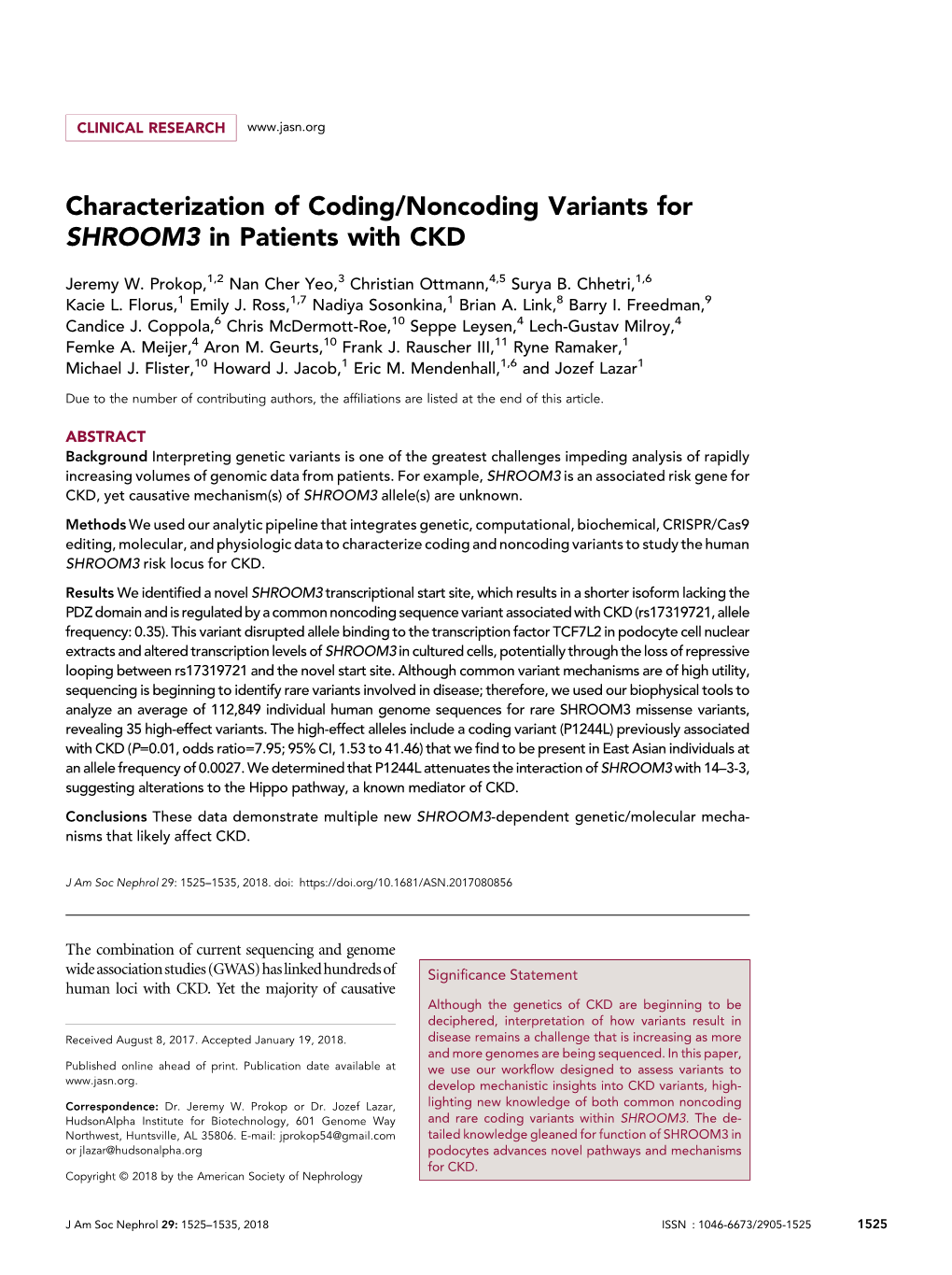 Characterization of Coding/Noncoding Variants for SHROOM3 in Patients with CKD