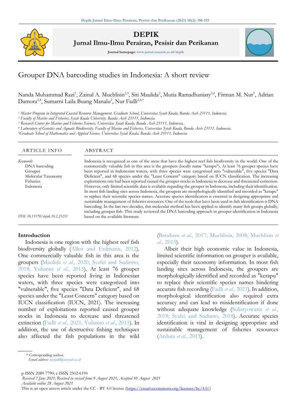 DEPIK Grouper DNA Barcoding Studies in Indonesia