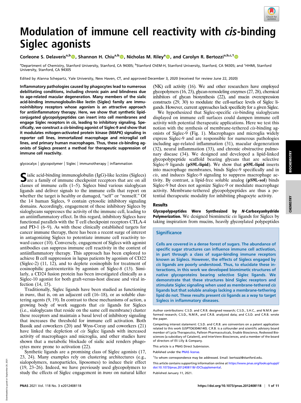 Modulation of Immune Cell Reactivity with Cis-Binding Siglec Agonists