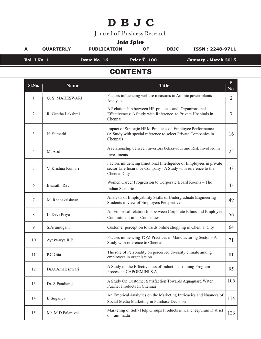 D B J C Journal of Business Research Jain Spire a QUARTERLY PUBLICATION of DBJC ISSN : 2248-9711