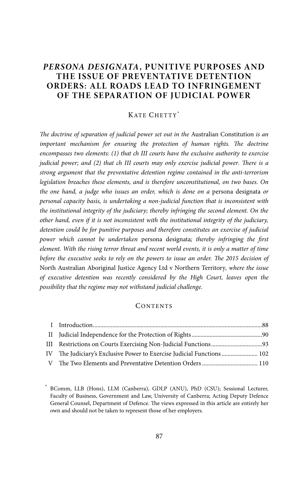 Persona Designata, Punitive Purposes and the Issue of Preventative Detention Orders: All Roads Lead to Infringement of the Separation of Judicial Power