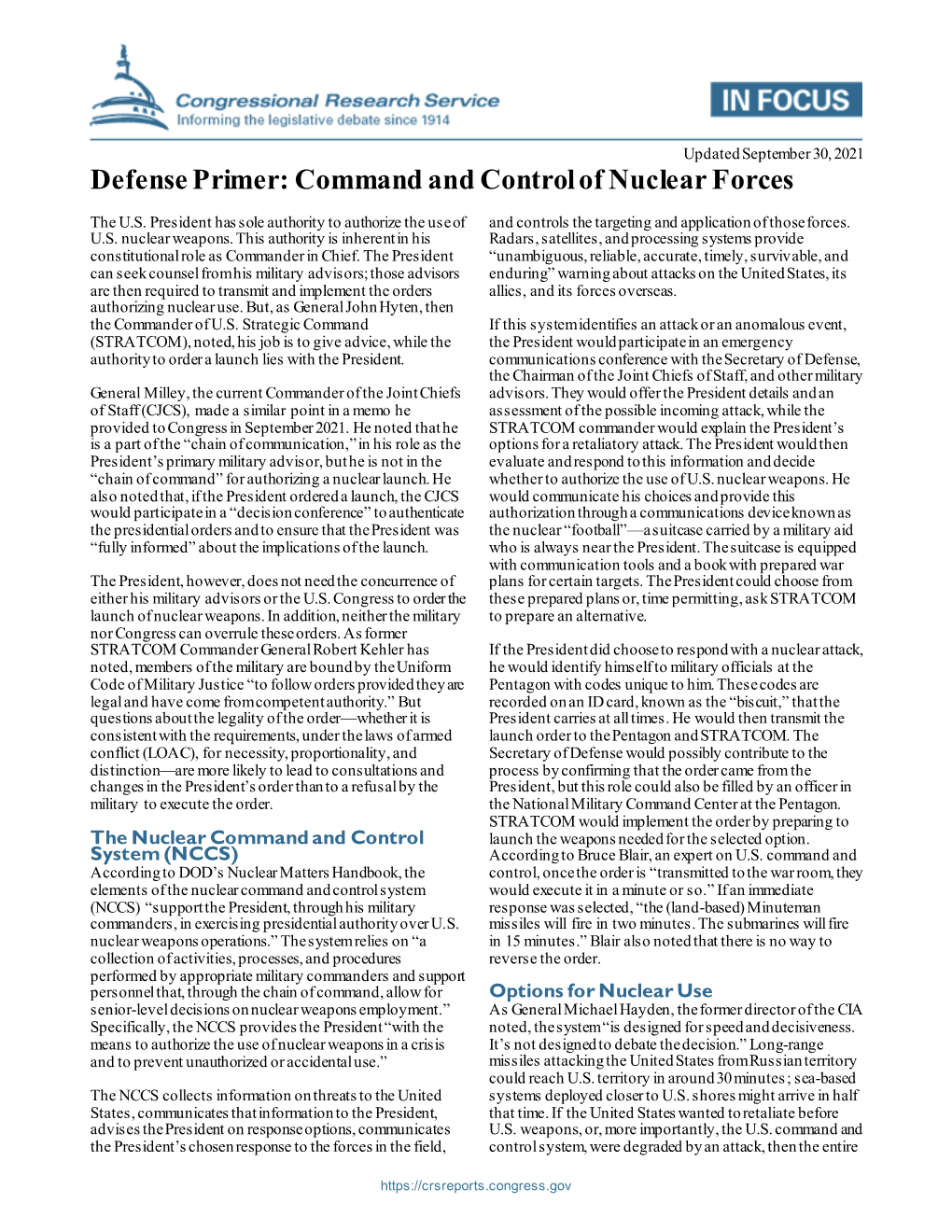 Defense Primer: Command and Control of Nuclear Forces