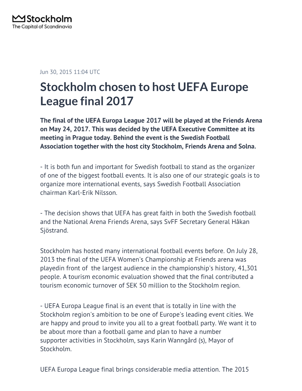 Stockholm Chosen to Host UEFA Europe League Final 2017