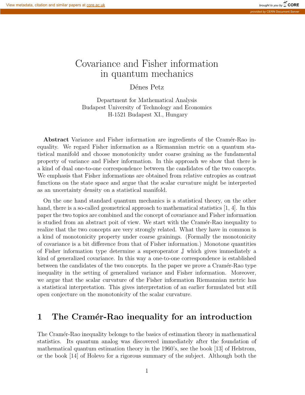 Covariance and Fisher Information in Quantum Mechanics D´Enes Petz