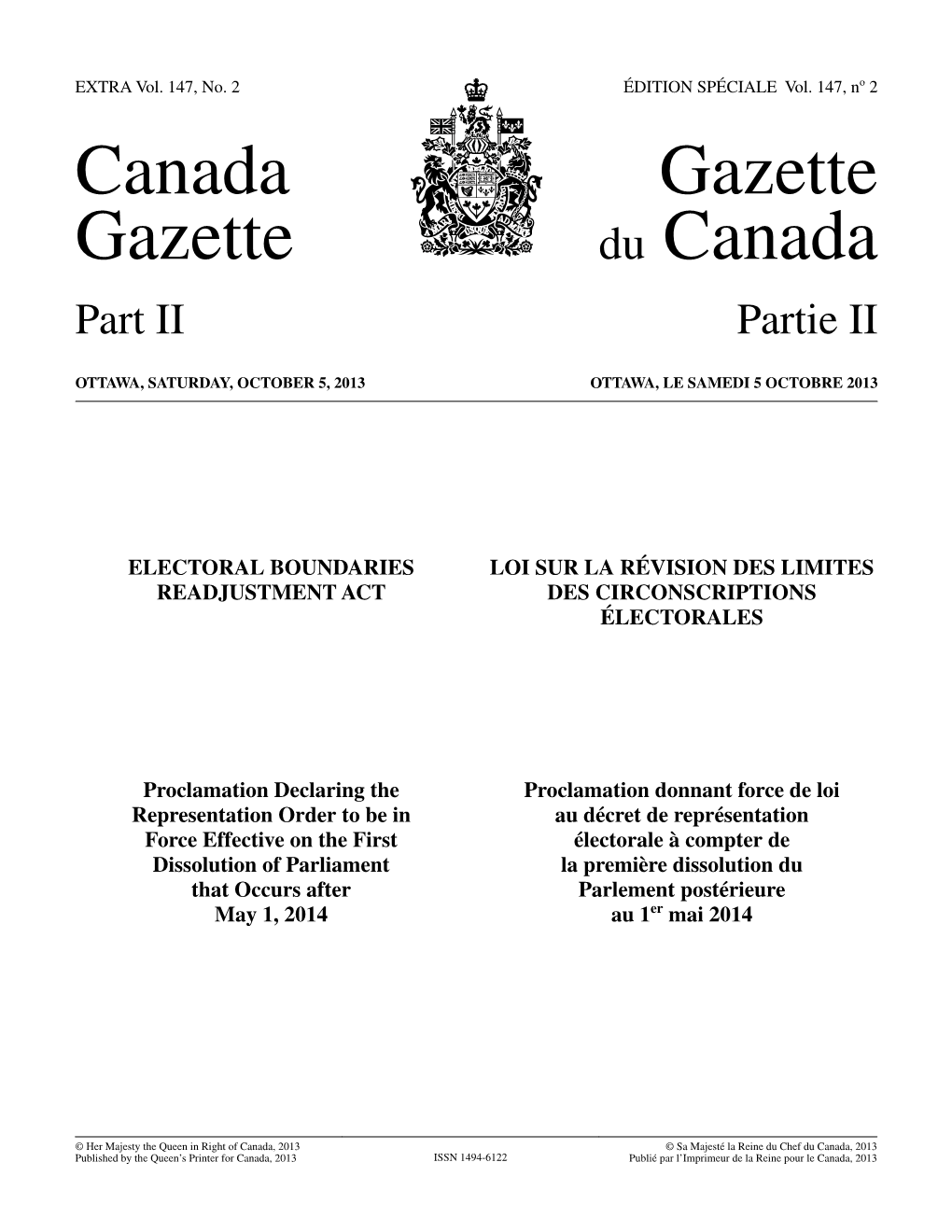Canada Gazette, Part II, Extra