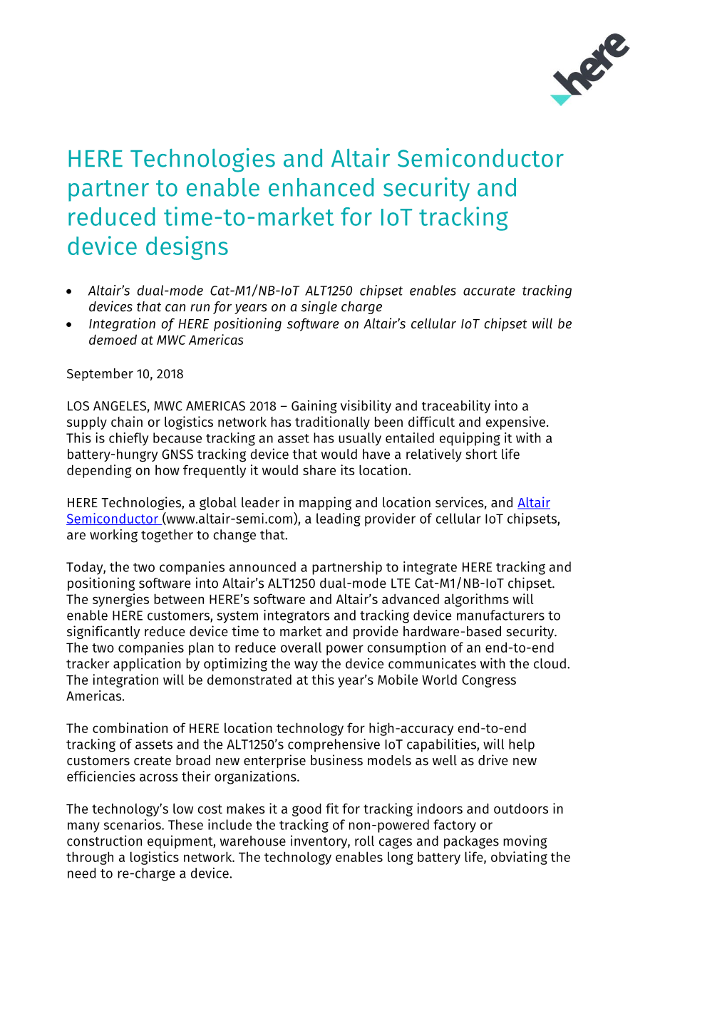 HERE Technologies and Altair Semiconductor Partner to Enable Enhanced Security and Reduced Time-To-Market for Iot Tracking Device Designs