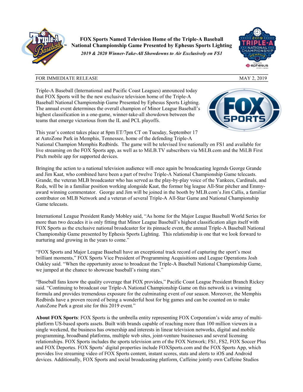 FOX Sports Named Television Home of the Triple-A Baseball National Championship Game Presented by Ephesus Sports Lighting