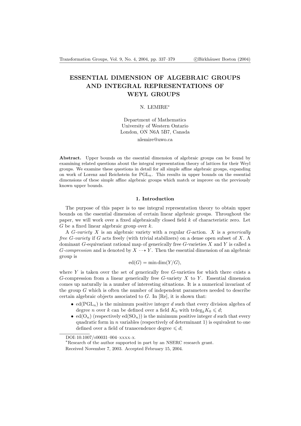 Essential Dimension of Algebraic Groups and Integral Representations of Weyl Groups