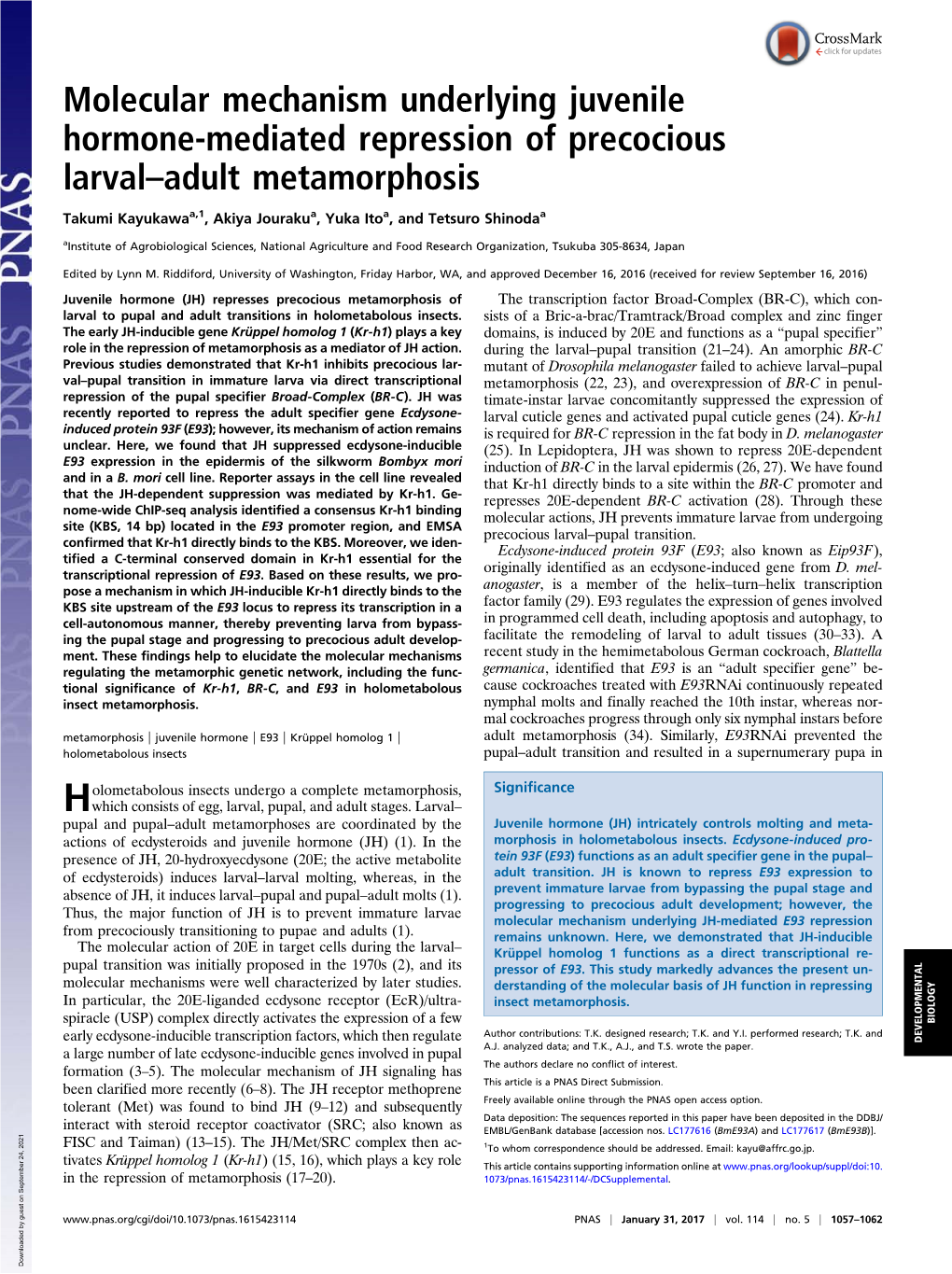 Molecular Mechanism Underlying Juvenile Hormone-Mediated Repression of Precocious Larval–Adult Metamorphosis