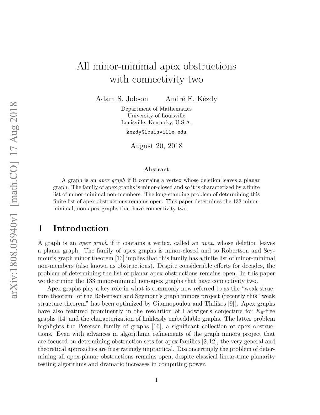 All Minor-Minimal Apex Obstructions with Connectivity Two Arxiv:1808.05940V1 [Math.CO] 17 Aug 2018