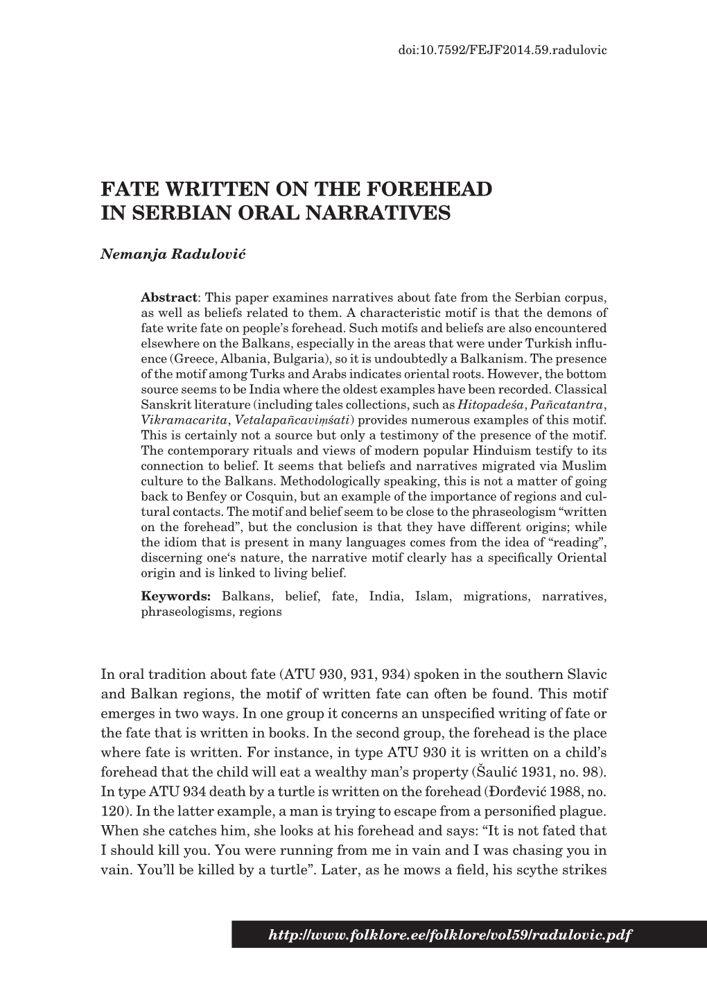 Fate Written on the Forehead in Serbian Oral Narratives