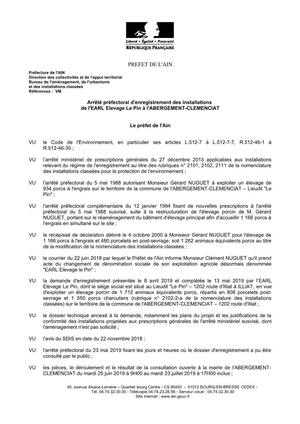 Préfecture De L'ain Direction Des Collectivités Et De L'appui Territorial Bureau De L'aménagement, De L'urbanisme Et Des Installations Classées Références : VM