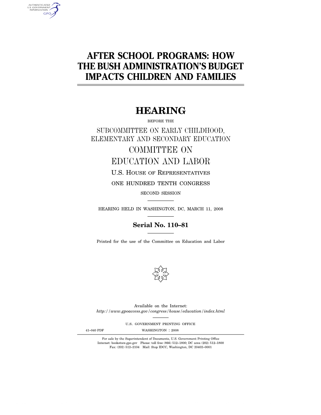 After School Programs: How the Bush Administration’S Budget Impacts Children and Families