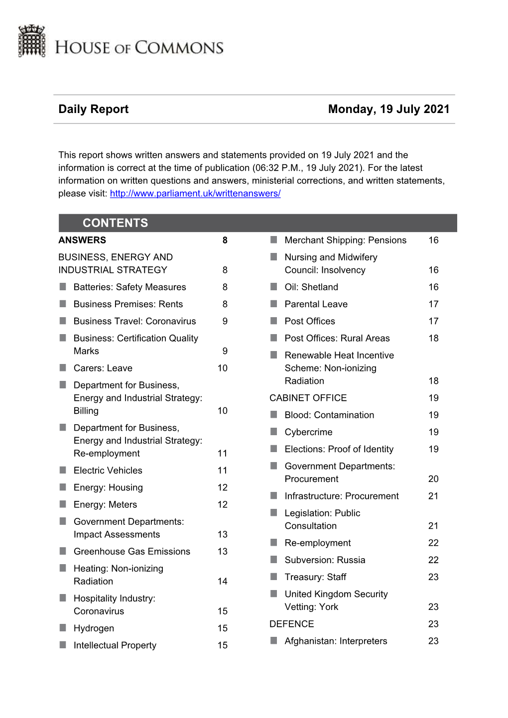 Daily Report Monday, 19 July 2021 CONTENTS