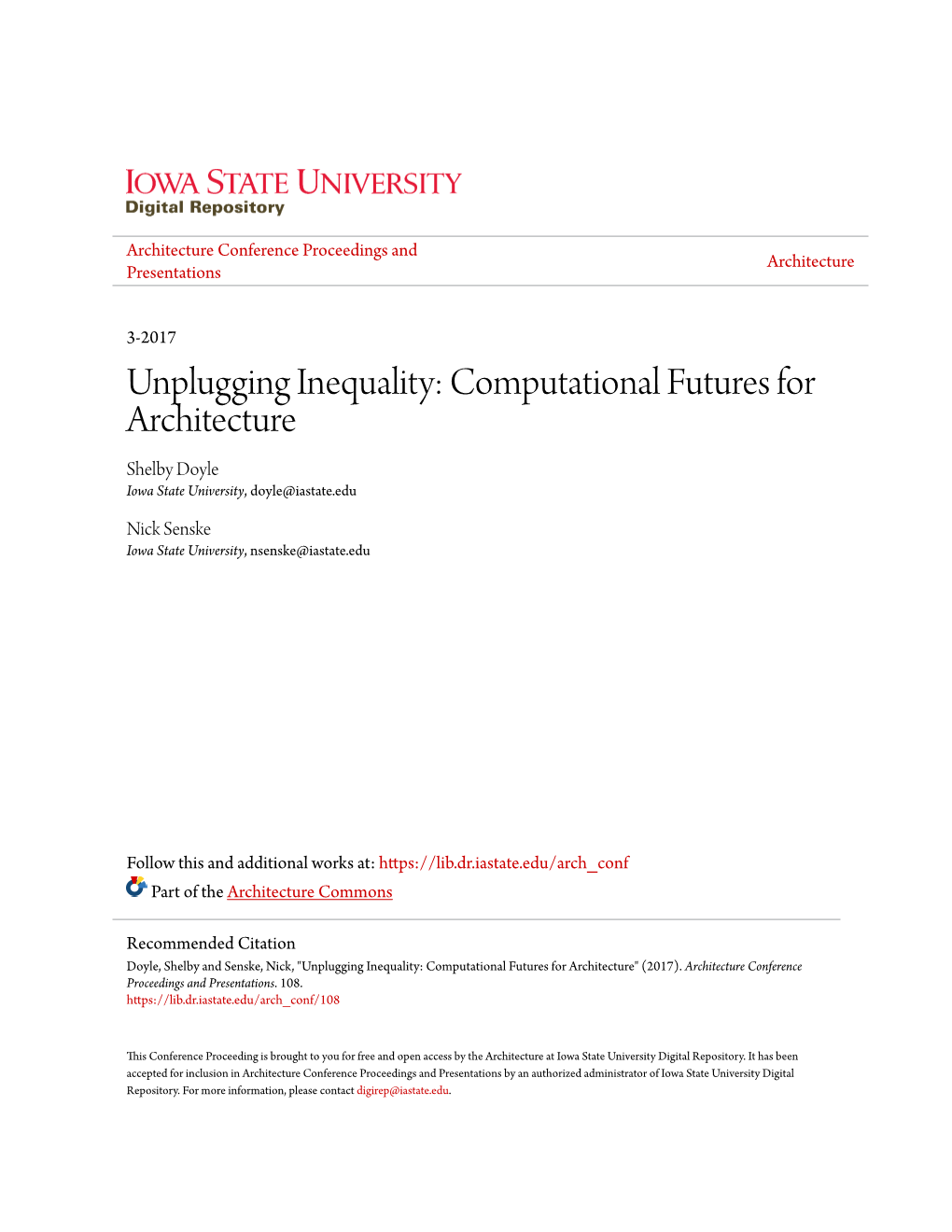 Unplugging Inequality: Computational Futures for Architecture Shelby Doyle Iowa State University, Doyle@Iastate.Edu
