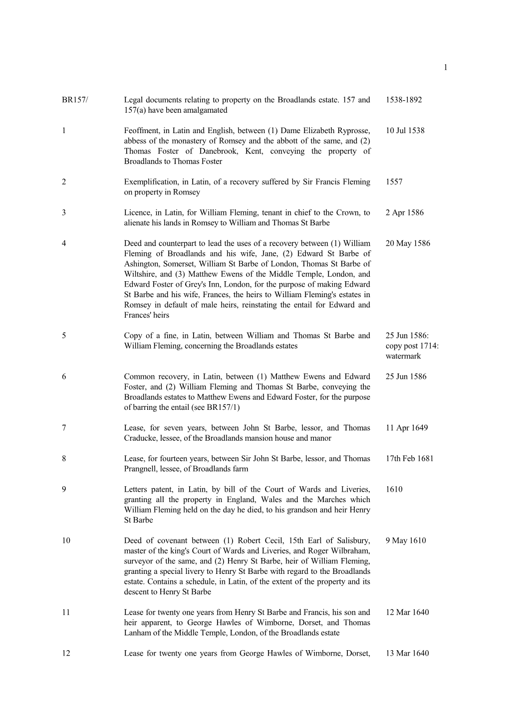 Legal Documents Relating to Property on the Broadlands Estate. 157 and 1538-1892 157(A) Have Been Amalgamated