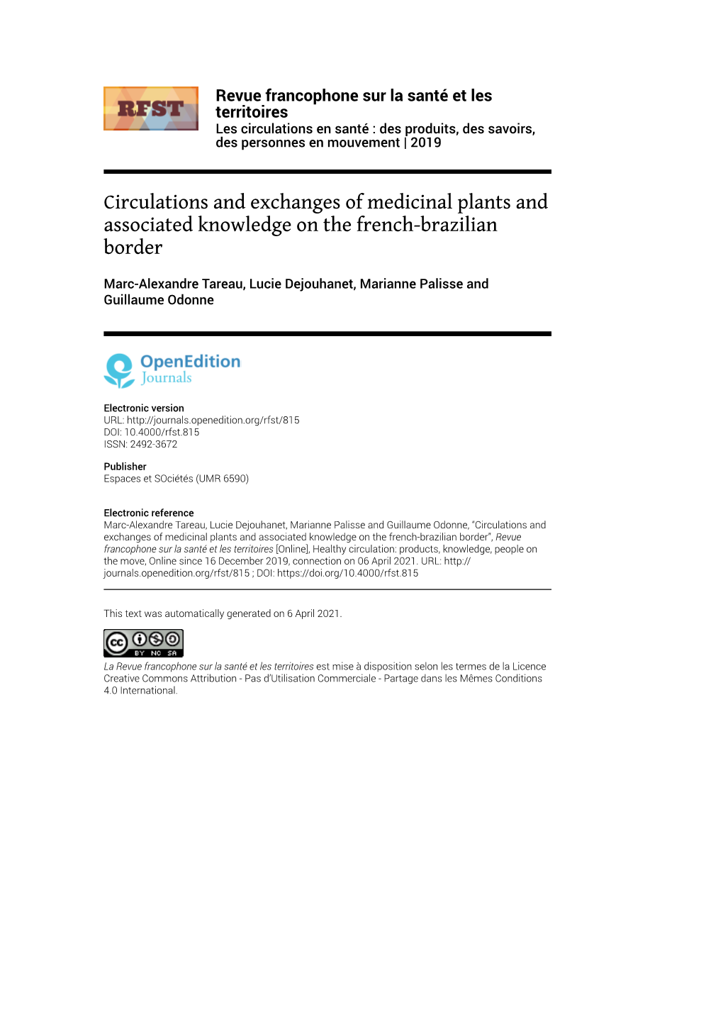 Circulations and Exchanges of Medicinal Plants and Associated Knowledge on the French-Brazilian Border