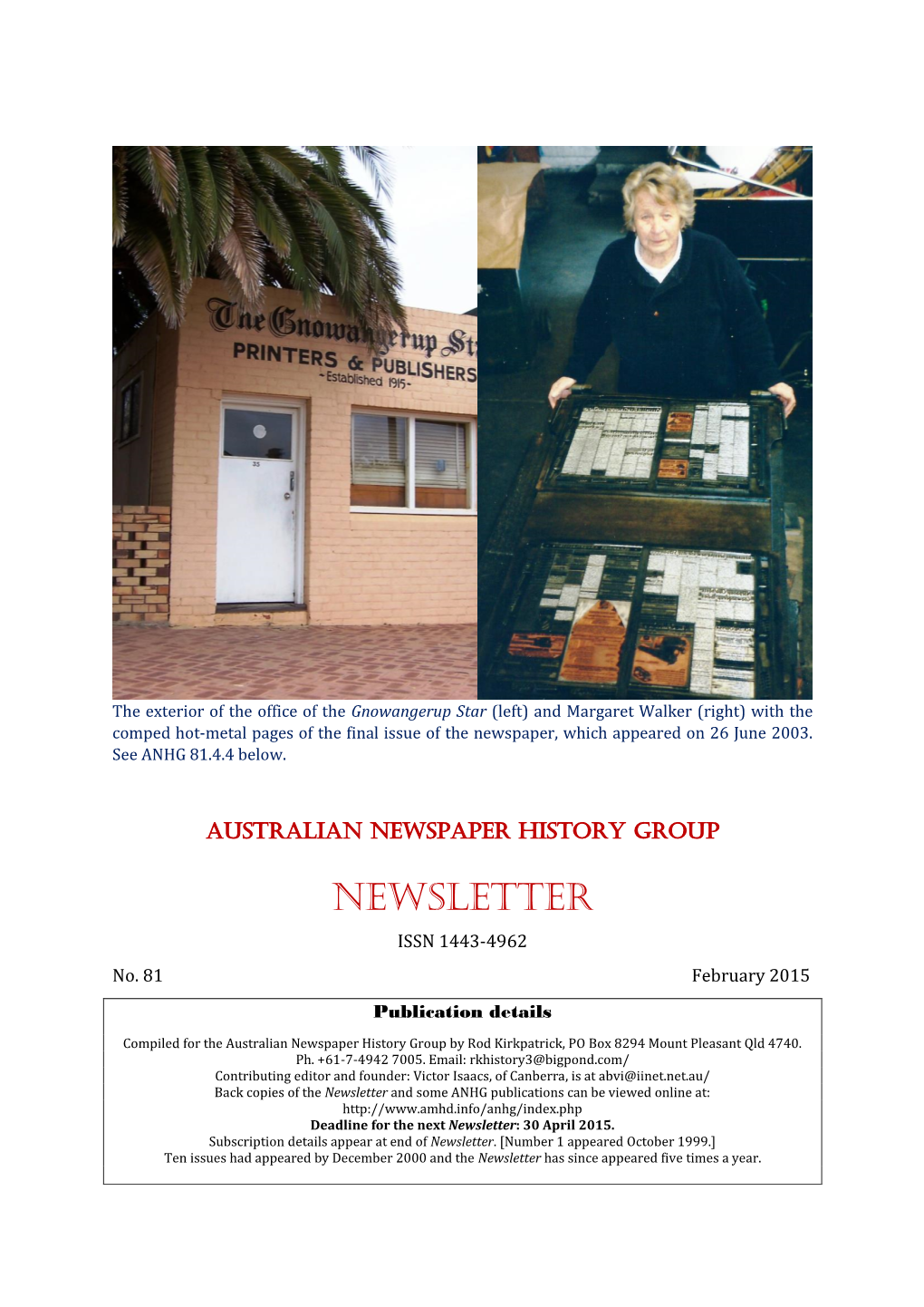 NEWSLETTER ISSN 1443-4962 No