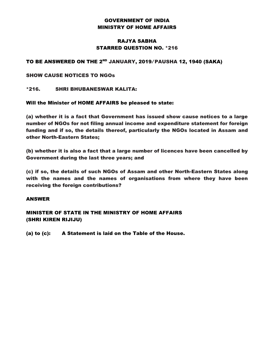 Government of India Ministry of Home Affairs Rajya Sabha Starred Question No. *216 to Be Answered on the 2Nd January, 2019/ Paus