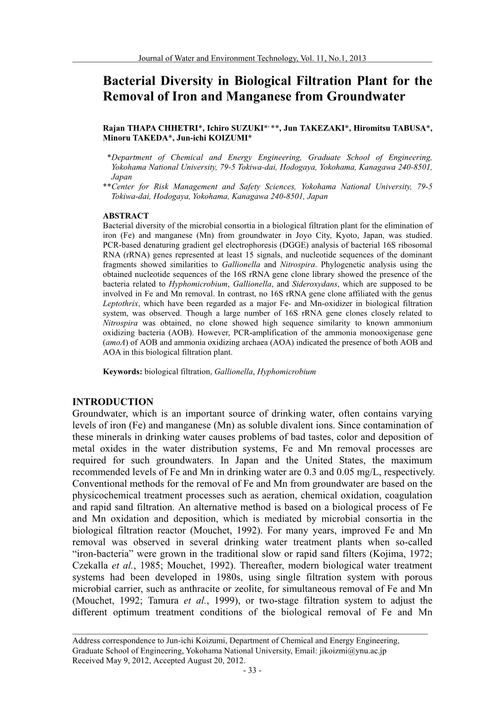 Bacterial Diversity in Biological Filtration Plant for the Removal of Iron and Manganese from Groundwater