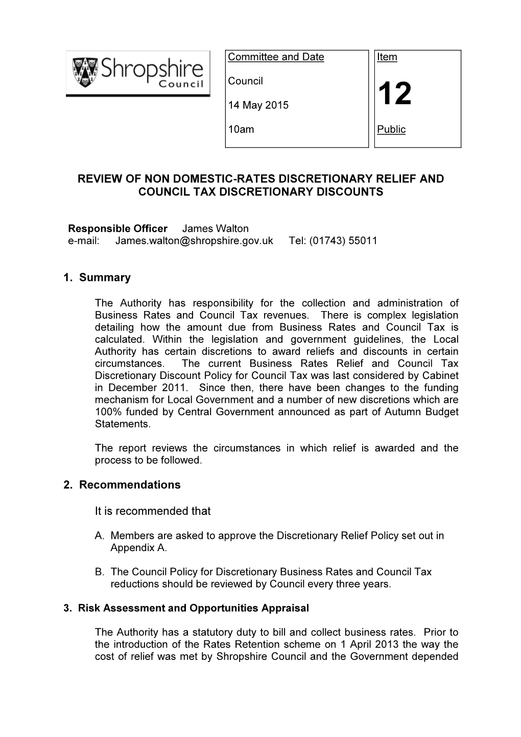 Review of Non Domestic-Rates Discretionary Relief and Council Tax Discretionary Discounts