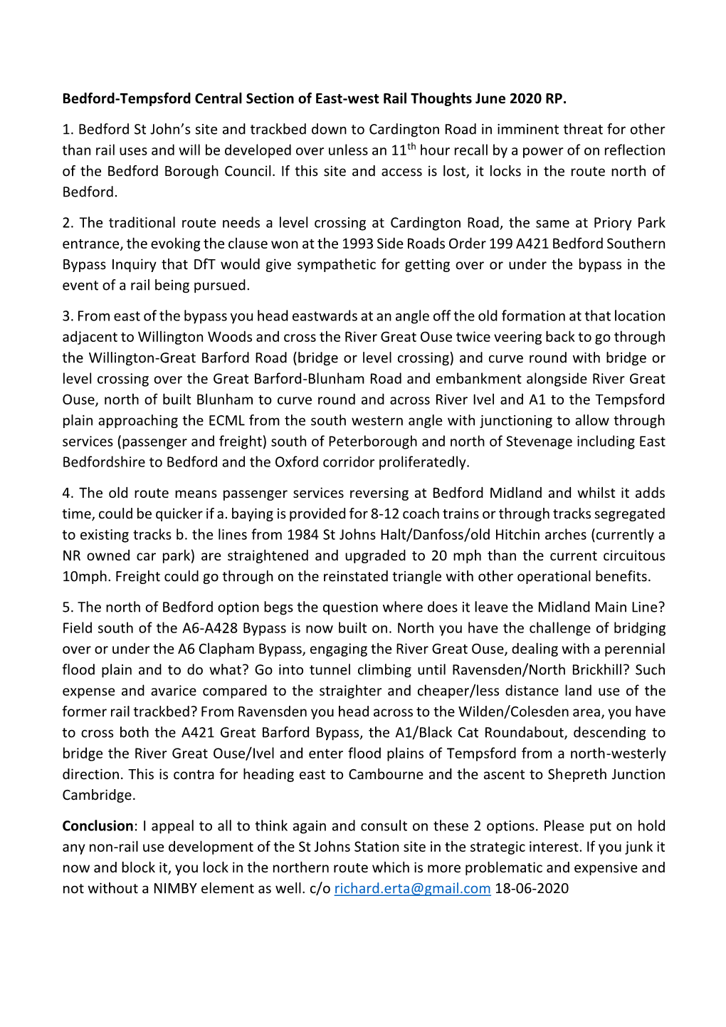 Bedford-Tempsford Central Section of East-West Rail Thoughts June 2020 RP