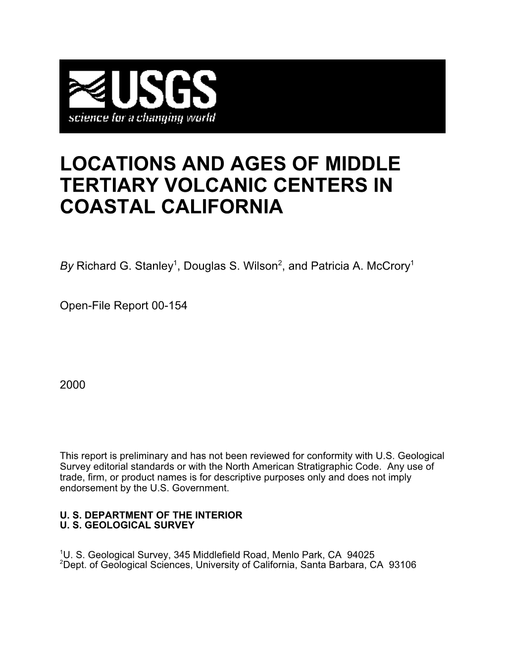 Locations and Ages of Middle Tertiary Volcanic Centers in Coastal California